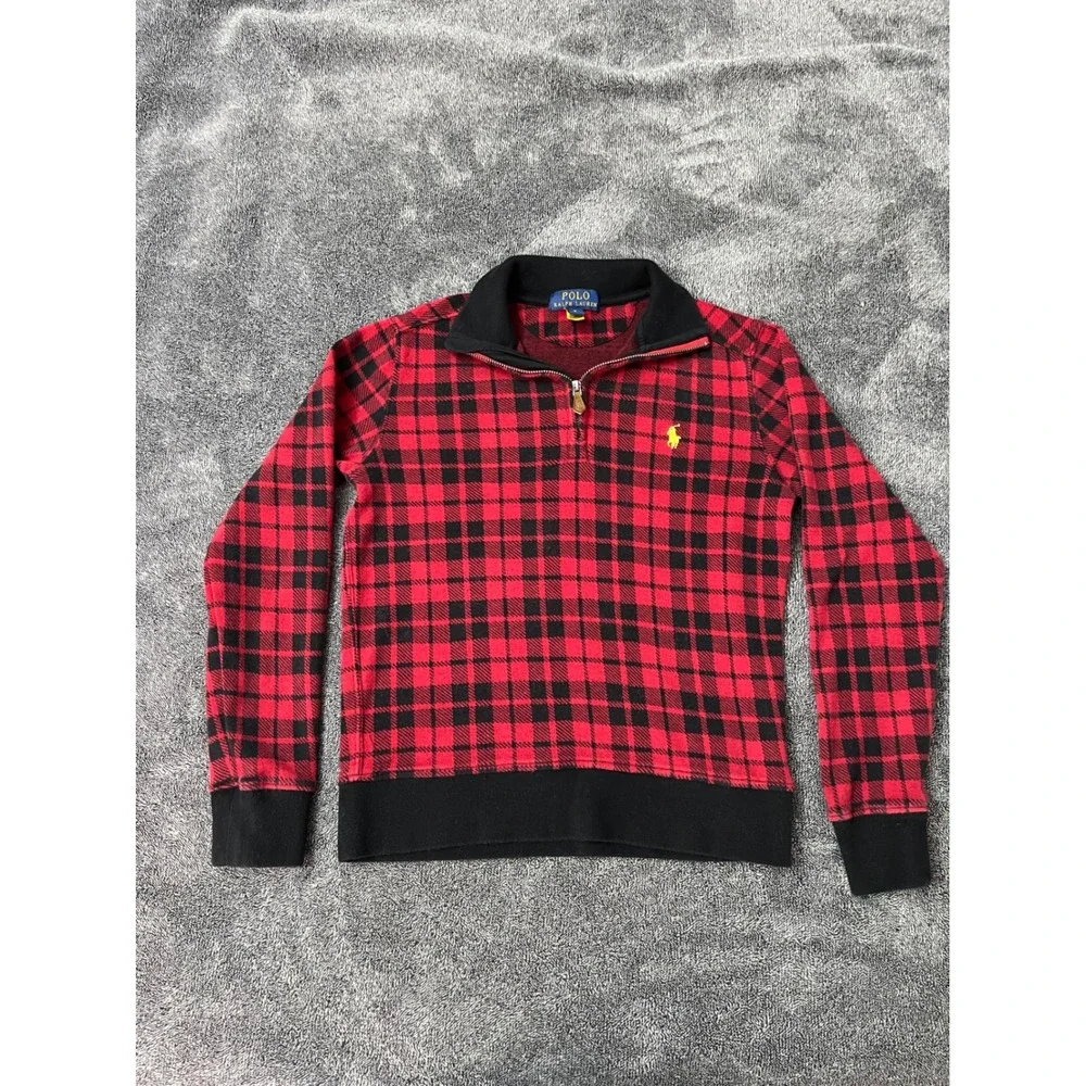 Polo Ralph Lauren Boys Red Black Plaid Quarter Zip Pullover Sweatshirt Size‎ M